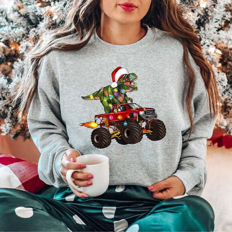 Monster Truck And T-Rex Dinosaur Sweatshirt, Christmas Light Sweater, Dinosaur Christmas Hoodie, Dinosaur Lover Winter...