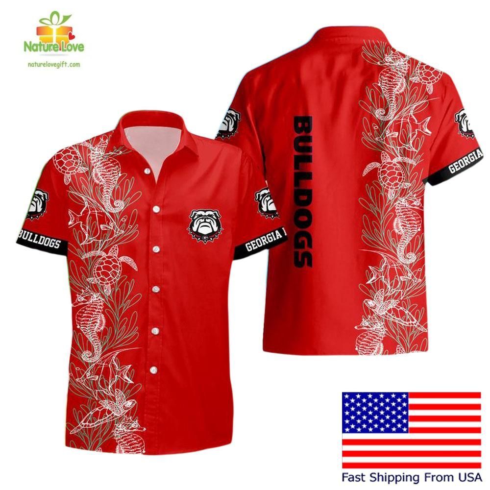 Georgia Bulldogs Hawaiian Shirt Turtle Seaweed Pattern Mens
