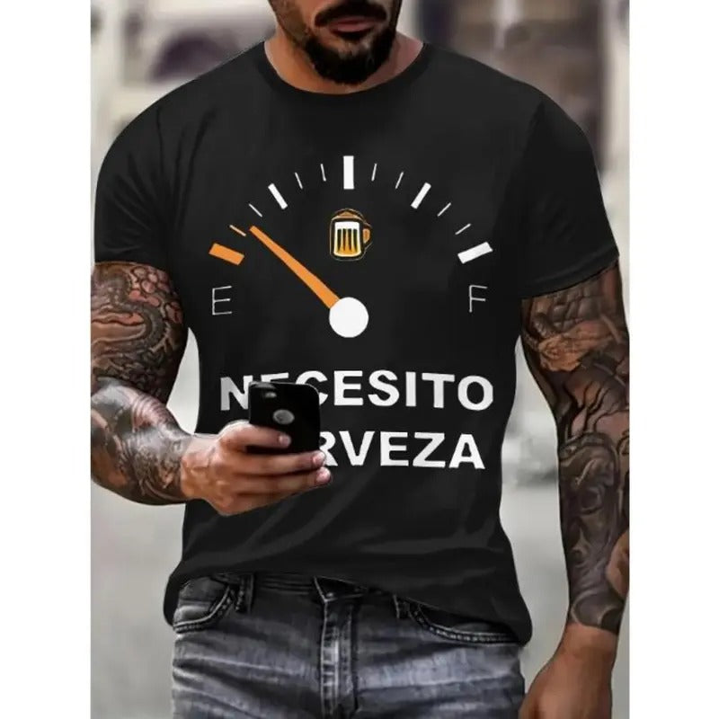NECESITO CERVEZA Letters 3D Print Men's Fashion Comfy Breathable T-Shirt, New Casual Round Neck Short Sleeve Tee For...