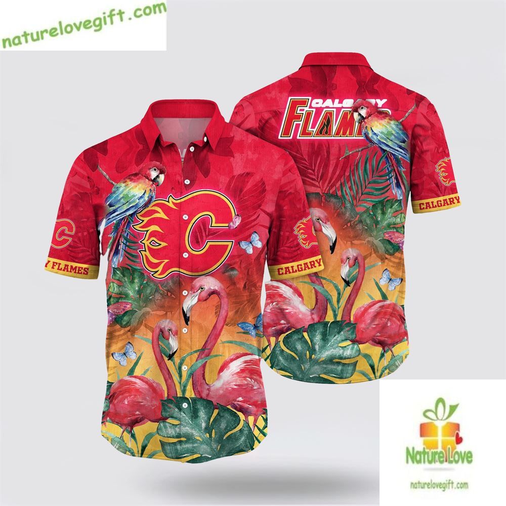 Calgary Flames Hawaiian Shirt Tropical Parrot Flamingo Summer Fan Gear