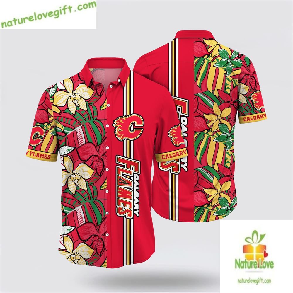 Calgary Flames Hawaiian Shirt Tropical Floral Summer Fan Gift