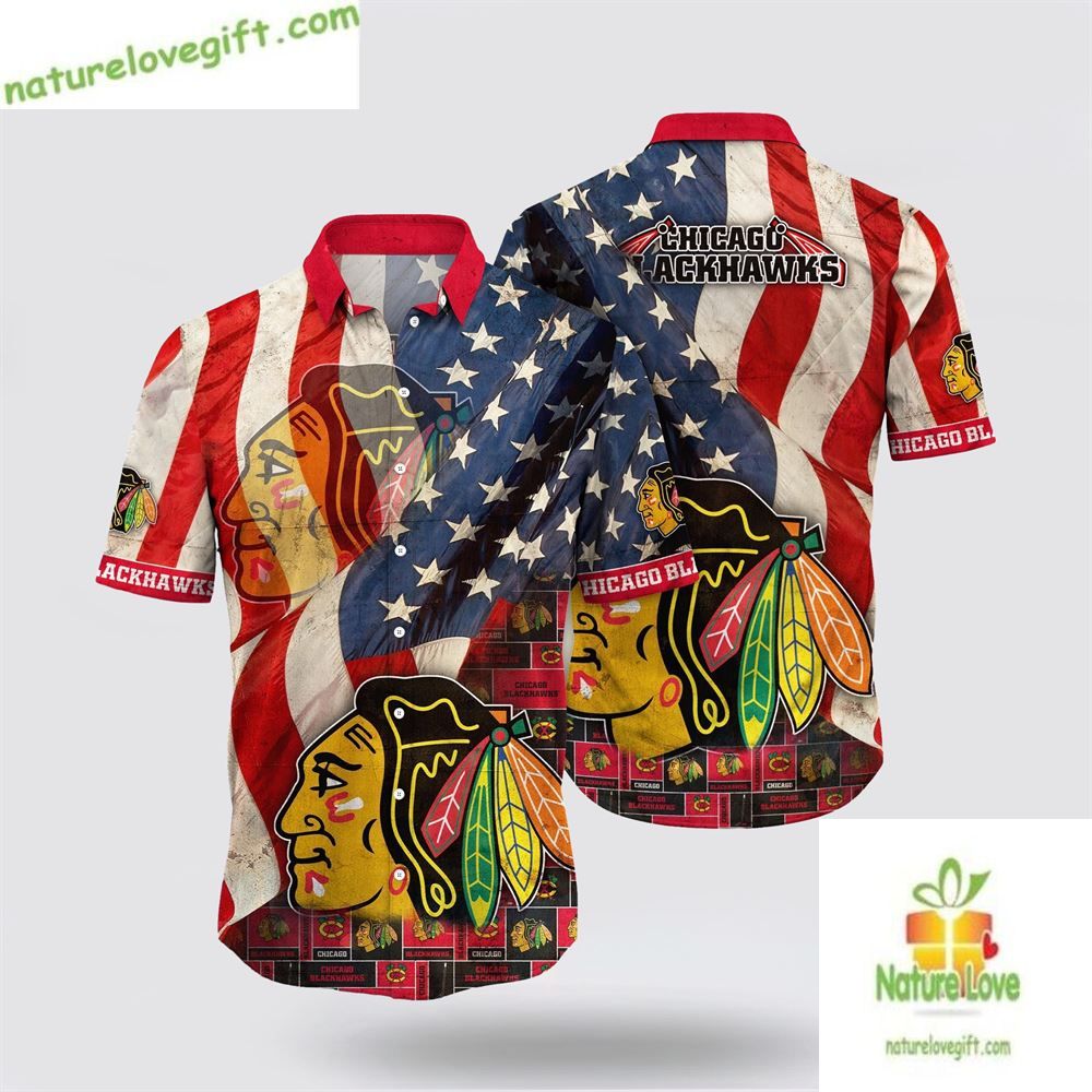 Chicago Blackhawks Hawaiian Shirt American Flag Aloha Shirt