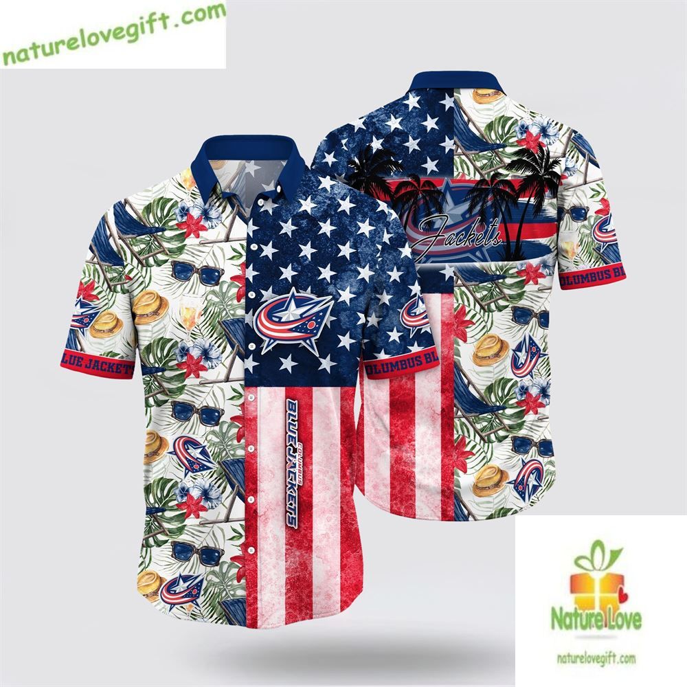 Columbus Blue Jackets Hawaiian Shirt with Tropical Hat and Glasses