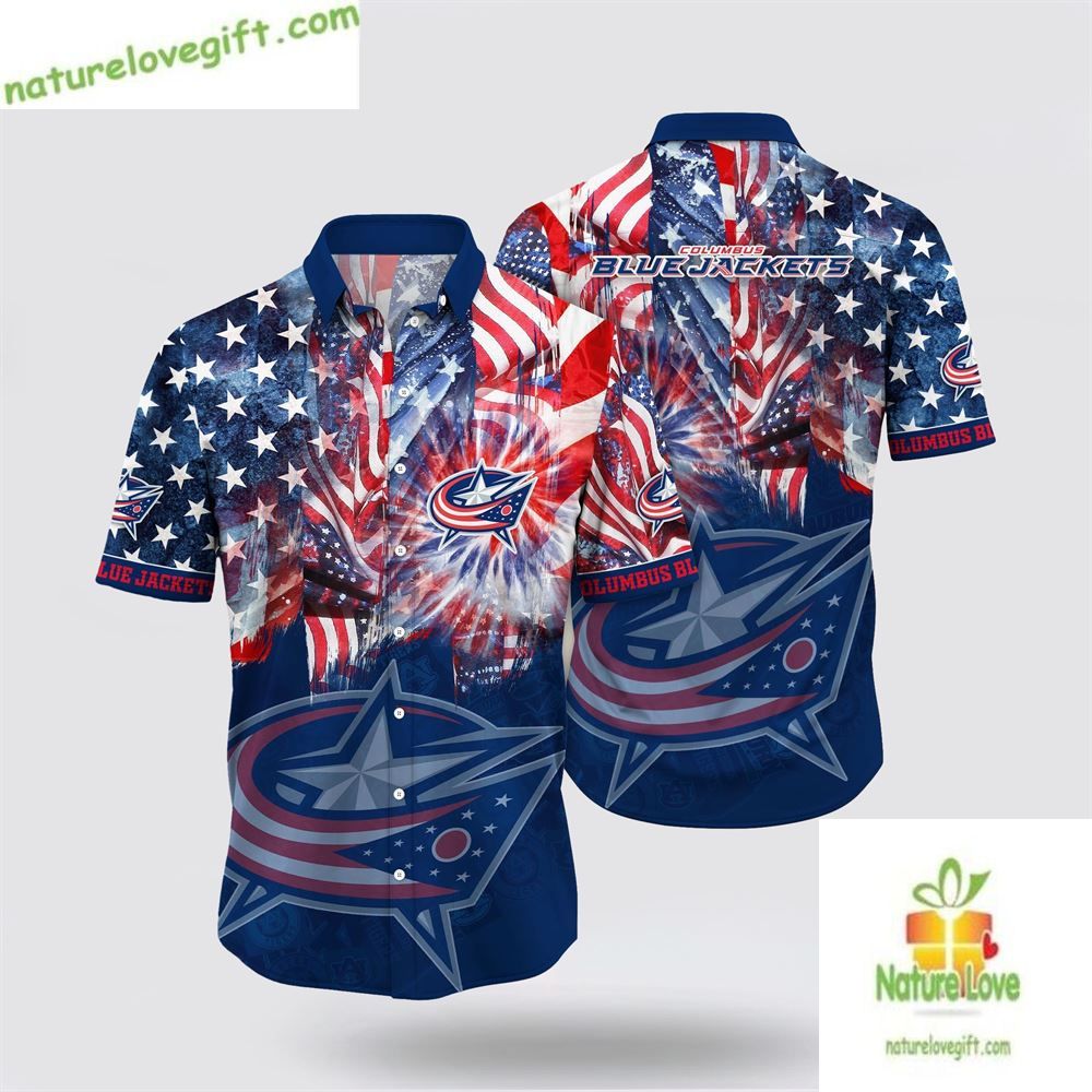 Columbus Blue Jackets Hawaiian Shirt 4th of July Aloha Shirt