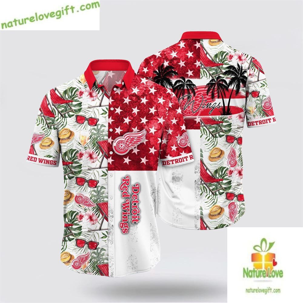 Detroit Red Wings Tropical Hawaiian Shirt Hat and Glasses Set LVPPDZOGWC