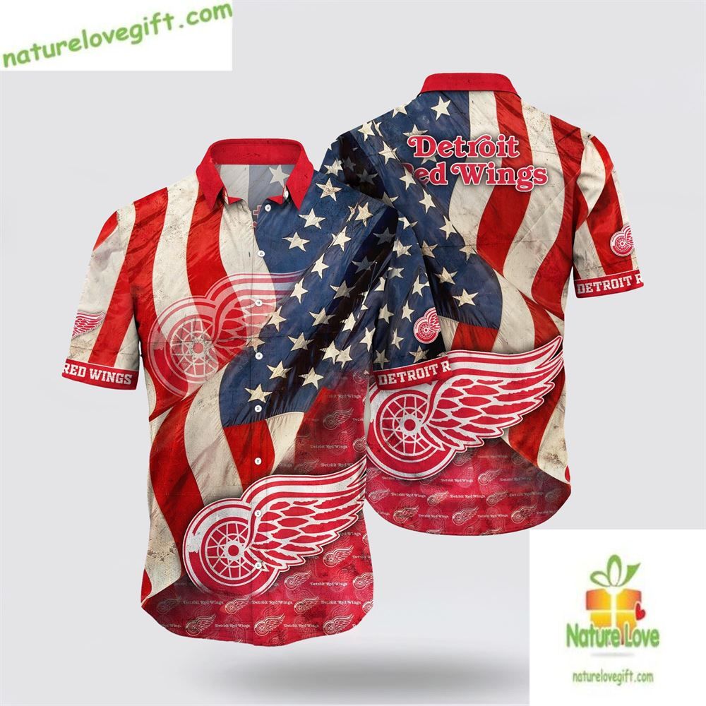 Detroit Red Wings Hawaiian Shirt American Flag Summer Shirt