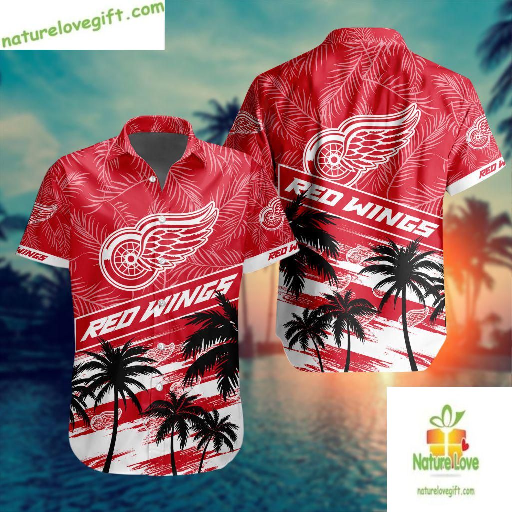 Detroit Red Wings Hawaiian Shirt Palm Tree Button Up Aloha Shirt