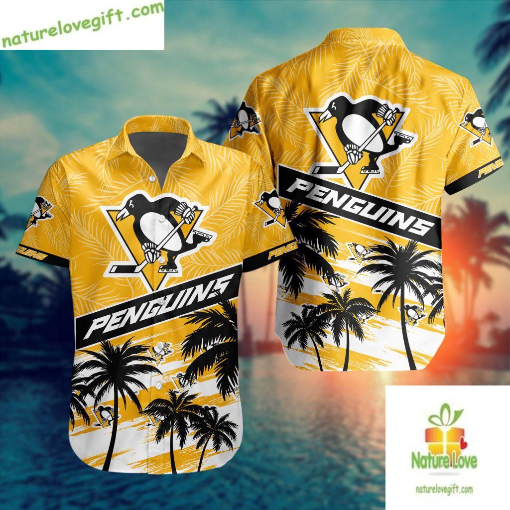 Pittsburgh Penguins Hawaiian Shirt Palm Tree Button Up Aloha Shirt