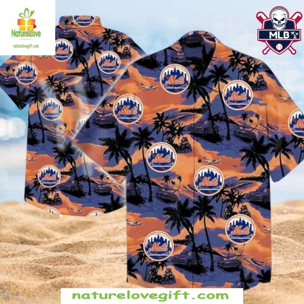NY Mets Hawaiian Shirt Midnight Blue Palm Silhouettes Baseball Apparel