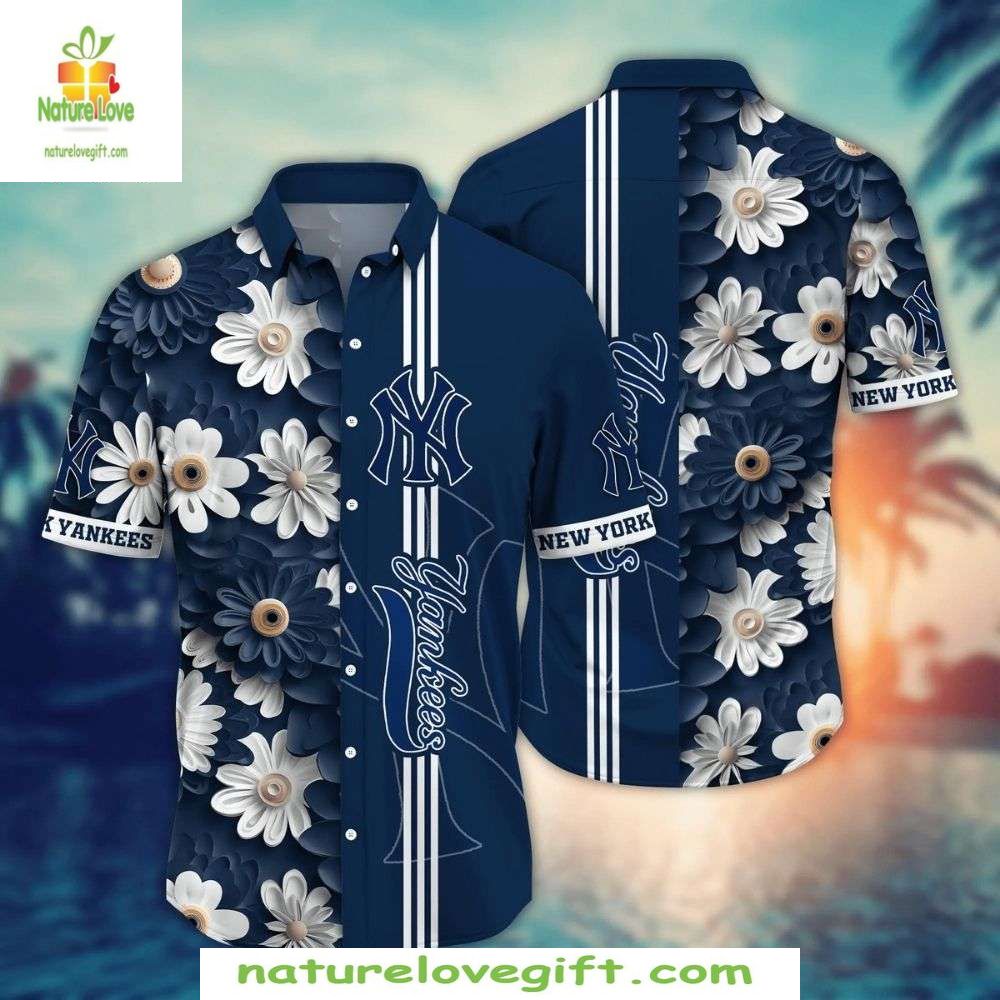 NY Yankees Hawaiian Shirt Floral Stripe Tropical Baseball Apparel