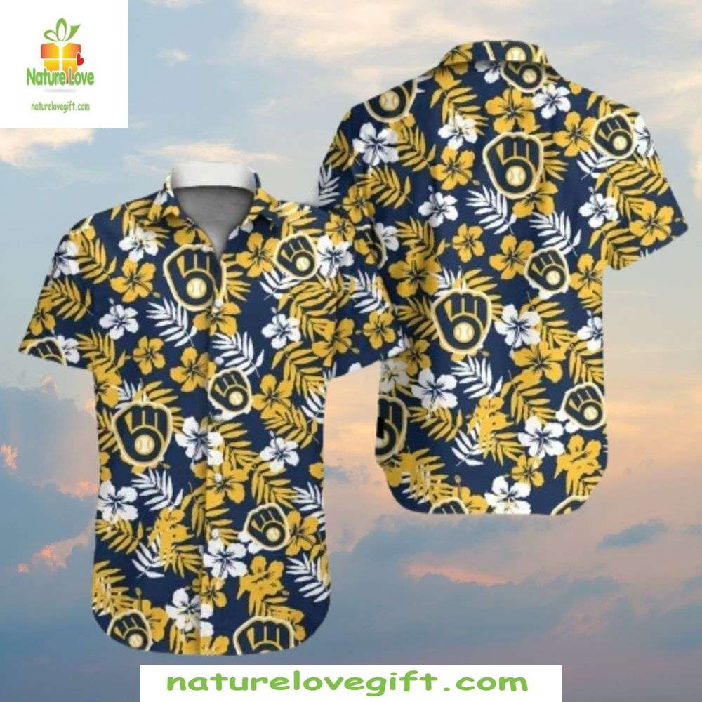 Milwaukee Brewers Hawaiian Shirt Nautical Navy Tropical Floral MLB Baseball Apparel