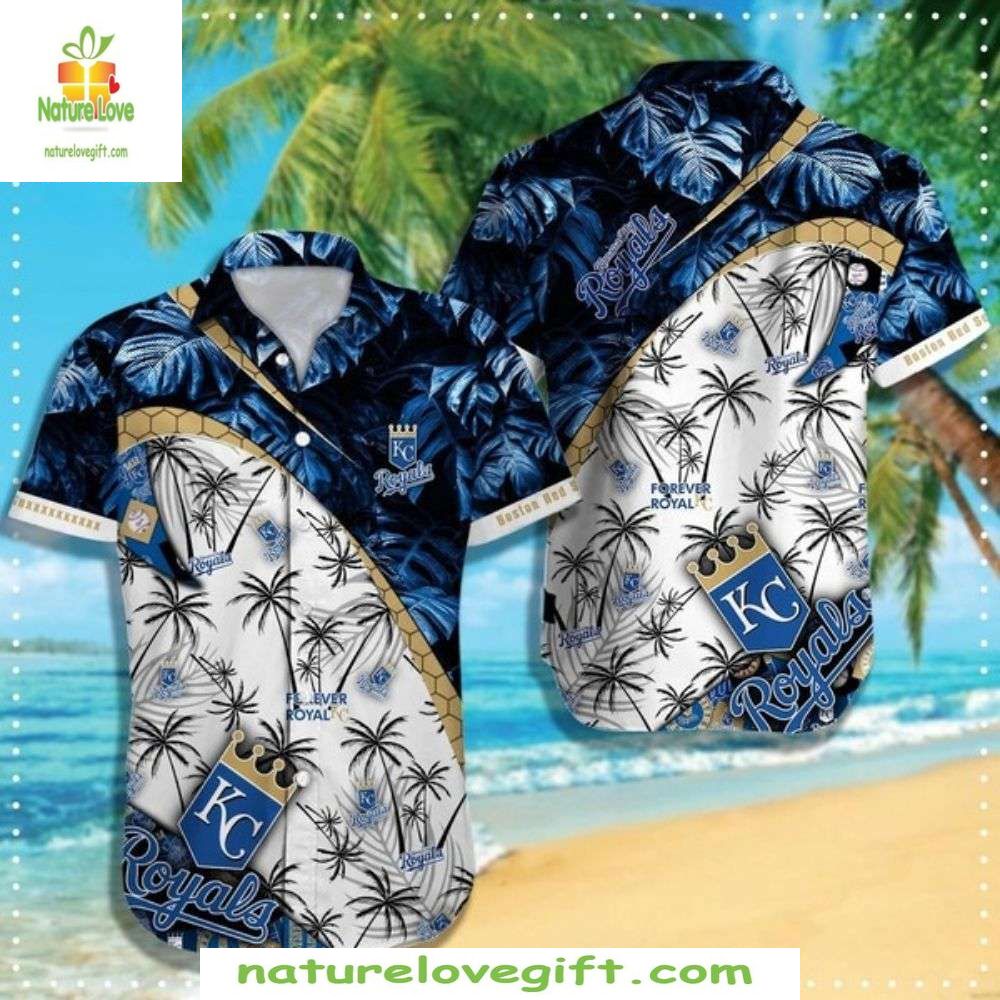 Royals Hawaiian Shirt Navy Blue Palm Crown Detail MLB Baseball Apparel