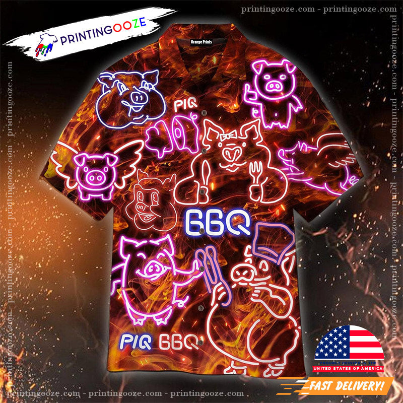 Cool Neon Pig BBQ, Barbecue Food Hawaiian Shirt