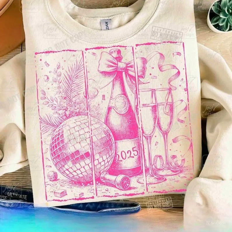 New Years Sweatshirt, Disco Ball Champagne Coquette New Years Eve 2025 Holiday season Shirt, Trendy Distressed Retro New Year Shirt
