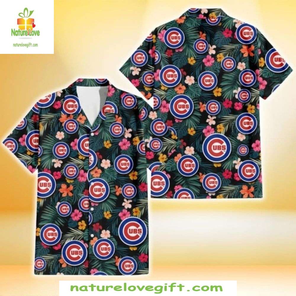 Chicago Cubs Hawaiian Shirt Nighttime Floral Logo MLB Baseball Apparel