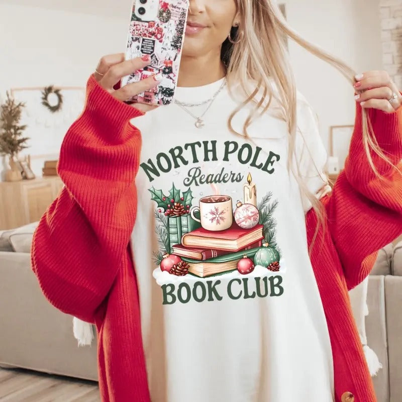 North Pole Book Club Women's Graphic T-Shirt - Comfort Colors Casual Cotton Short Sleeve Top - Womenswear