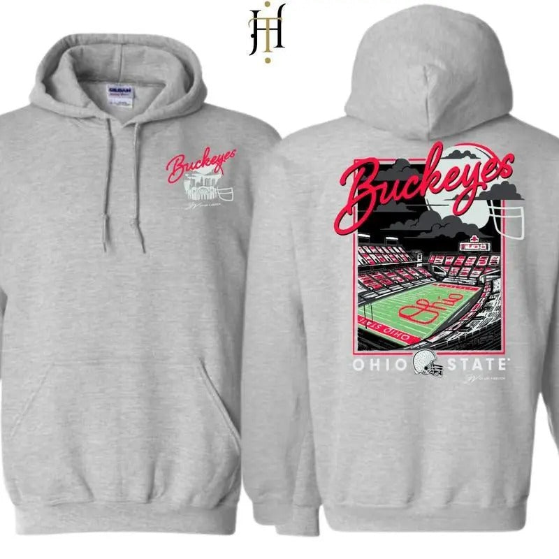 OHIO STATE BUCKEYES SCRIPT NIGHT SCENE Hoodie , Ohio State University Football Hoodie , Ohio State Buckeyes Stadium Hoodie , Ohio State Football Graphic Hoodie , Game day apparel , Football fan gift , For sports event attendees , Perfect for game days