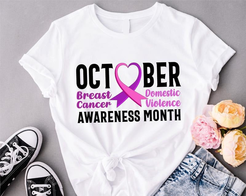 October Awareness Month Shirt, Breast Cancer Awareness T-shirt, Domestic Violence Tee, Purple And Pink Ribbon Shirt,...