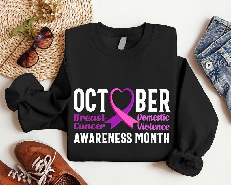 October Awareness Month Sweatshirt, Breast Cancer Awareness Hoodie, Domestic Violence Sweatshirt, Purple And Pink Ribbon...