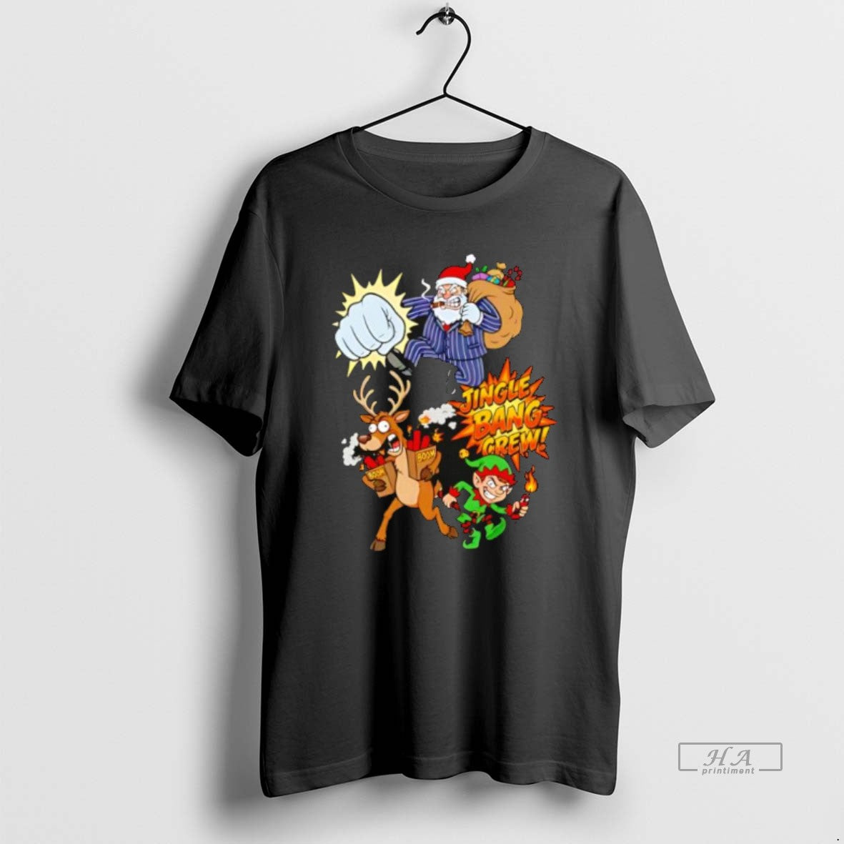 Official Jingle Bang Crew Funny Mafia Santa Reindeer And Elf Christmas Cartoon T-Shirts, Hoodie, Sweatshirt