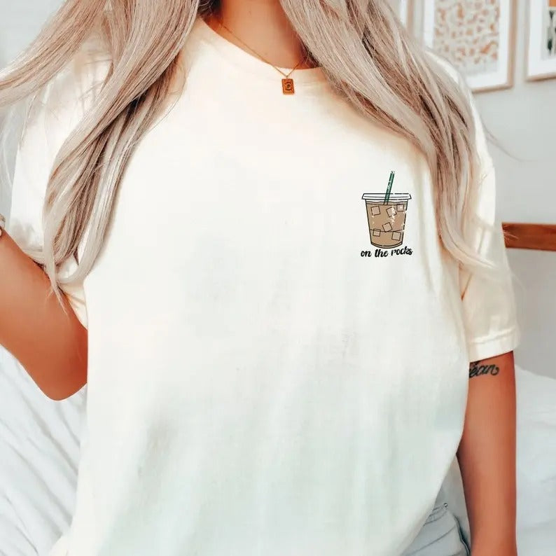 On the Rocks Iced Coffee Weather Comfort Colors Tee, Coffee Graphic T-Shirt, Retro Tee, Gift for Her, Trendy, Coffee Lover Gift Cotton Fabric Top Womenswear