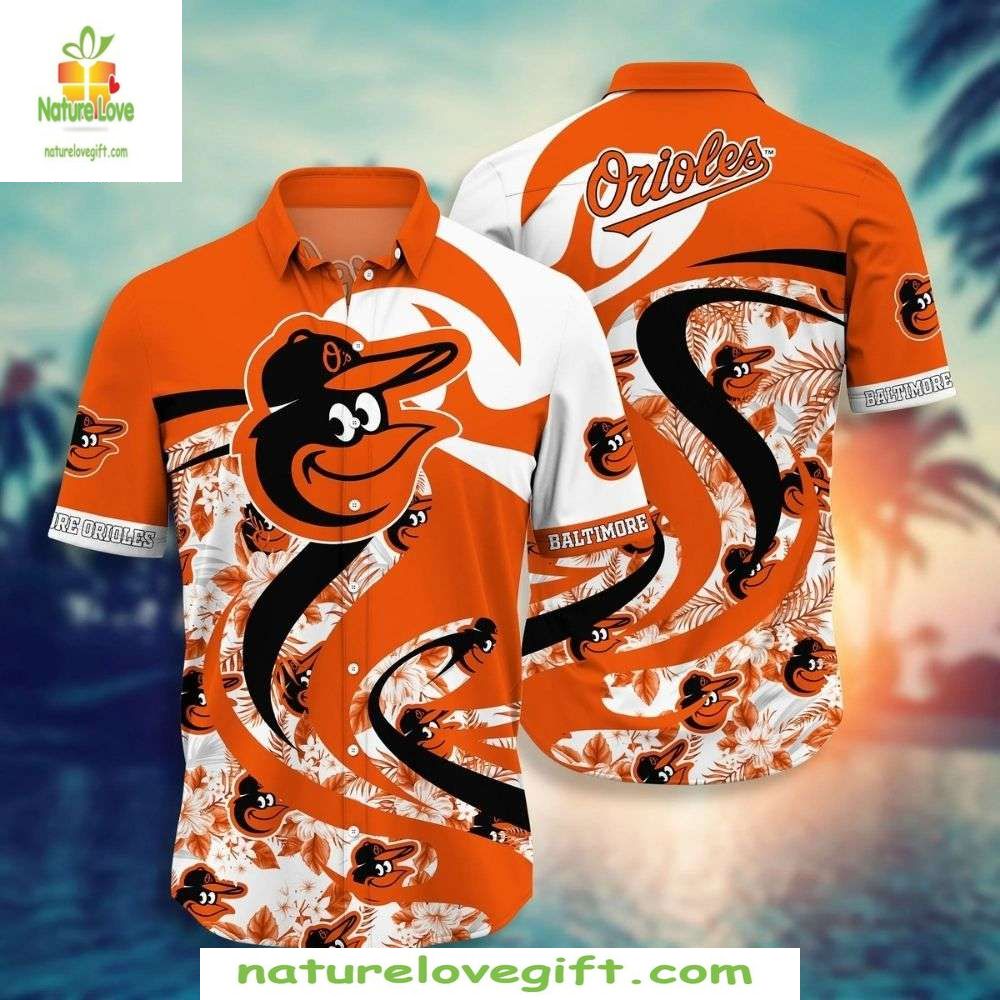 Baltimore Orioles Hawaiian Shirt Bold Logo Tropical Florals MLB Apparel