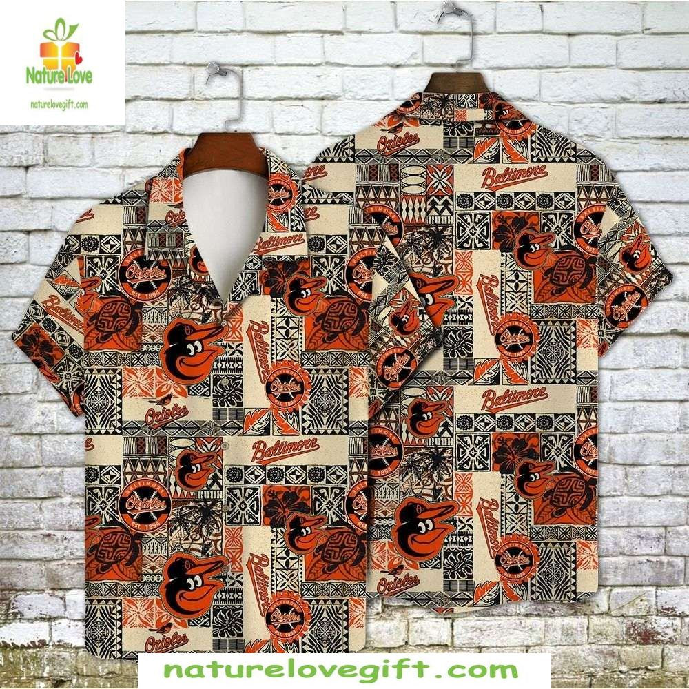 Baltimore Orioles Hawaiian Shirt Black Orange Tribal Team Emblem MLB