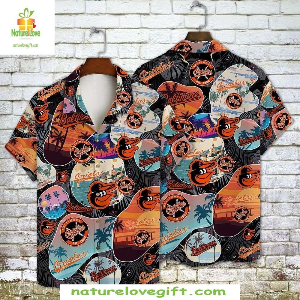 MLB Orioles Hawaiian Shirt Dark Tropical Sunset Palms Baseball Apparel