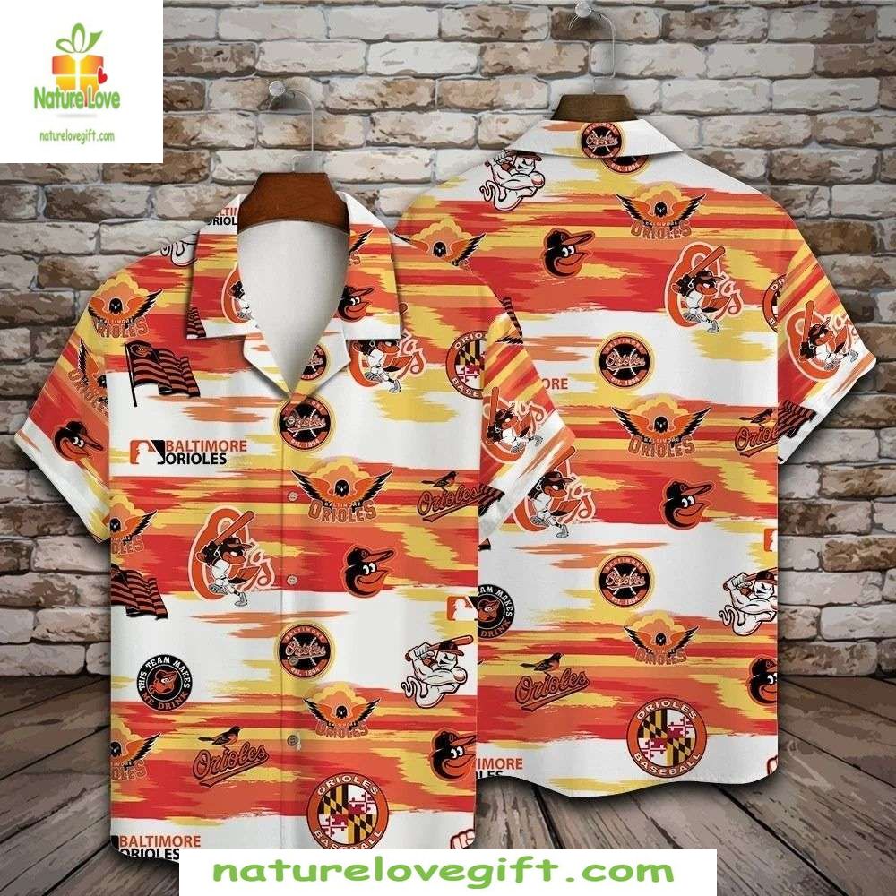 MLB Orioles Hawaiian Shirt Tropical Sunrise Stripe Emblem Baseball Apparel