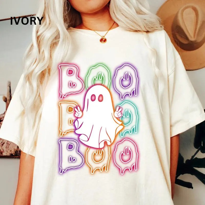 Oversized Boo Shirt, Neon Boo Shirt, Halloween Ghost shirt, Comfort Colors Halloween Shirt, Casual Shirt Unisex, Halloween Clothing, Graphic Halloween Apparel, Casual Cotton T-shirt, Unisex Halloween Top Fabricstyle{n002}2