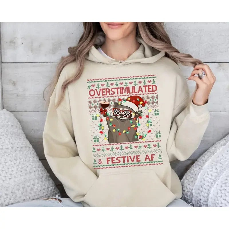 Overstimulated & Festive Af Raccoon Christmas Shirt, Ugly Christmas Sweater Women, Funny Weirdcore Meme Gift Shirt, Tacky...