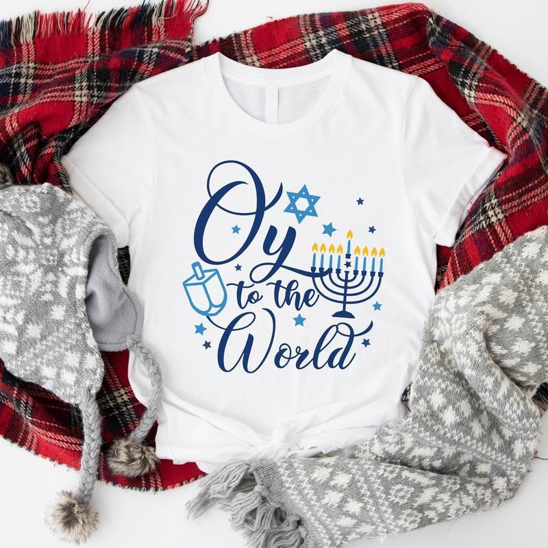 Oy To The World Shirt, Funny Hanukkah T-Shirt, Gift Shirt For Jewish, Celebration Short Sleeve, Menorah Shirt For Mom,...