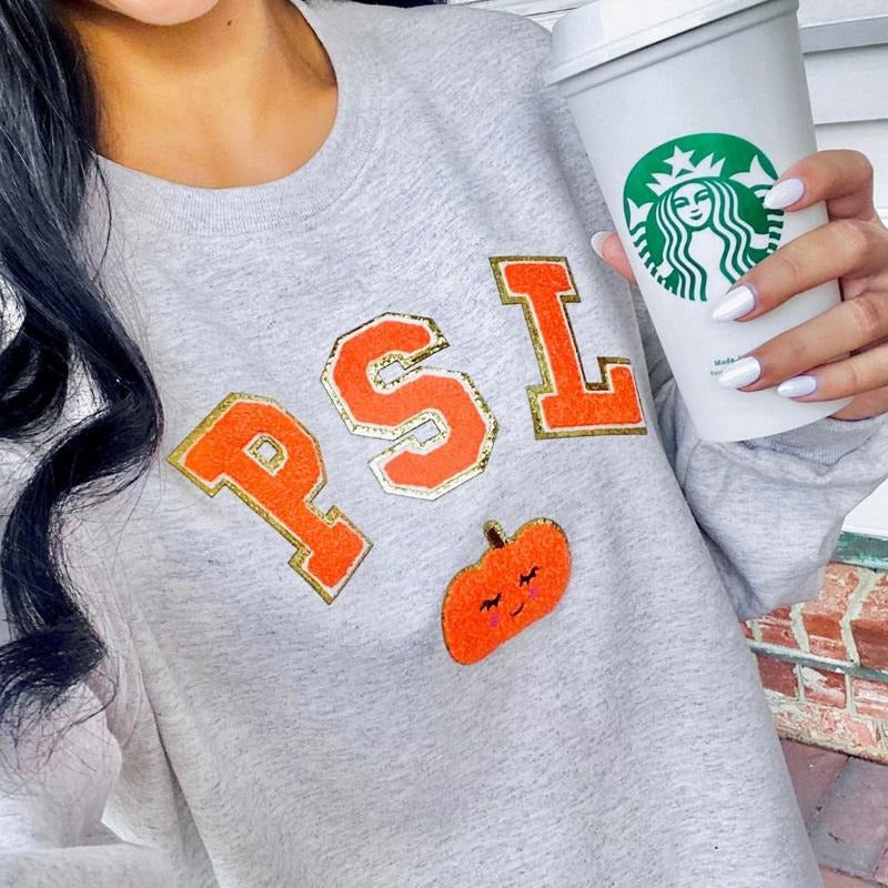 'PSL' Letter Patch Sweatshirt - Pumpkin Spice Latte, Chenille Letter Patches