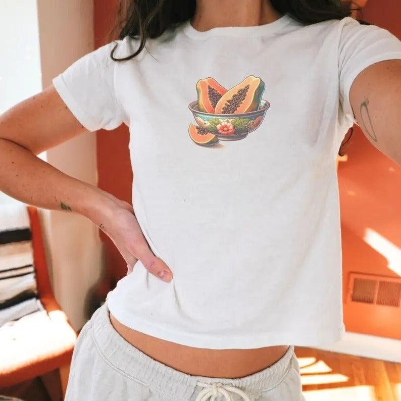 Papaya Baby Tee, Coconut Girl Aesthetic, vintage fruit Shirt, 90s Y2k Baby Tee Collar Fit