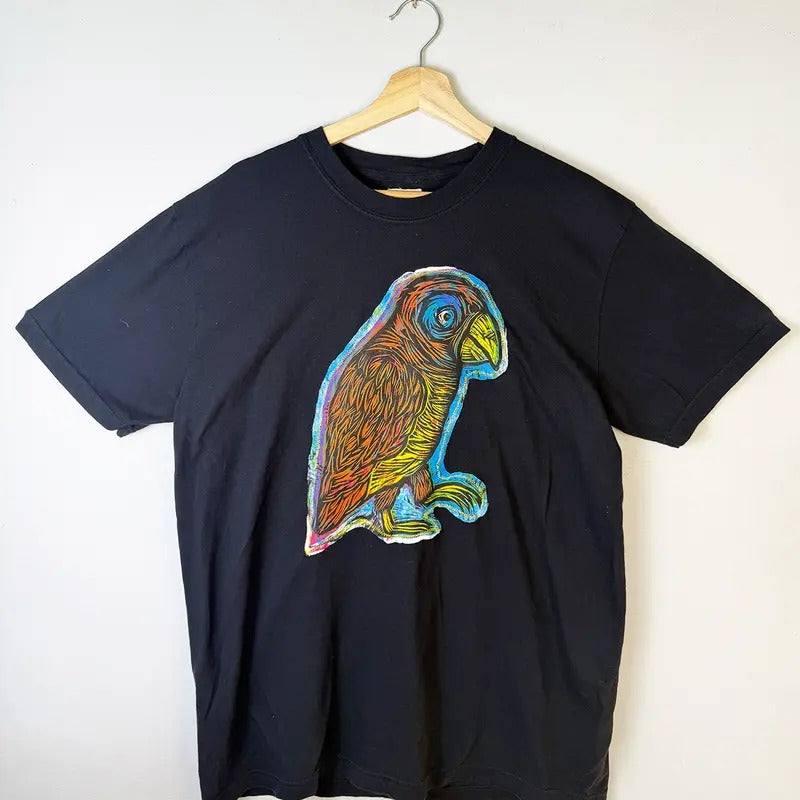 Parrot Hand printed Woodcut Appliqued T Shirt Cotton Menswear apparel graphic tees Casual Tshirt