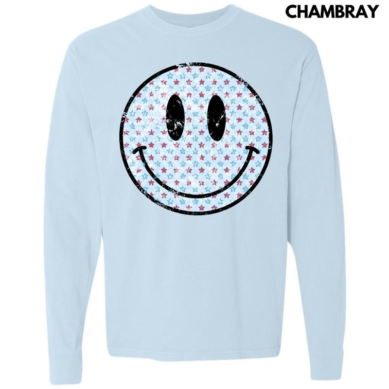 Patriotic Stars Happy Face Long Sleeve Comfort Colors T-Shirt 'NLB' Hoodie, Sweatshirt | InkThreadWorks.com