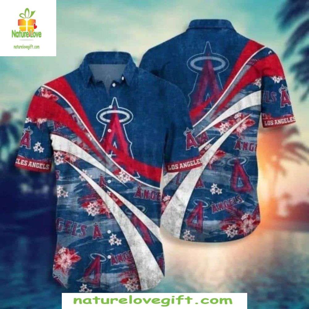LA Angels Hawaiian Shirt Patriotic Stripes Hibiscus Flowers Baseball Apparel
