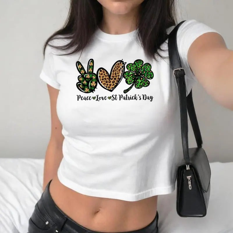 Peace Love St Patrick's Day Baby Tee, Buffalo and Leopard Shamrock , Lucky Clover St. Patrick's Day, St Paddys Women ,...