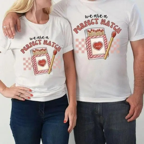 Perfect Match Valentine Couple Shirt Cotton Fabric Casual Streetstyle Crew Neck Short Sleeve T-Shirt Trendy Tops for...