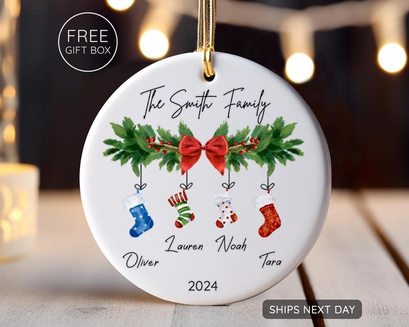 Personalized Family of 4 Ornament, Custom Family Stocking Ornament With Names and Year, New Family Christmas Gift 2024,...