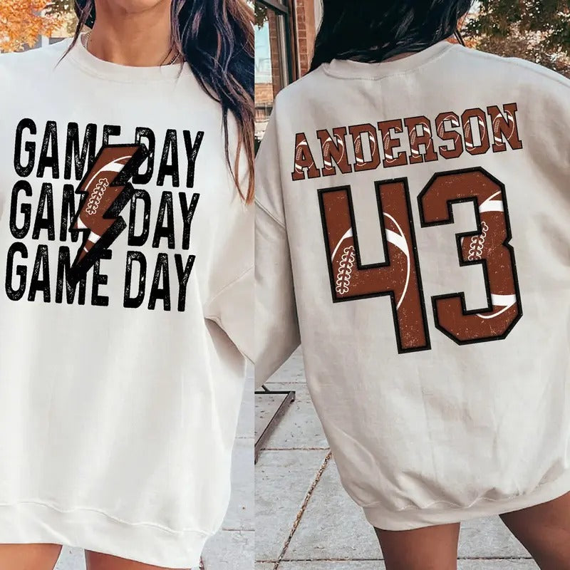 Personalized Football Mom Sweatshirt, Custom Game Day Football Tee, Child Name & Number Football Game Season Shirt,...