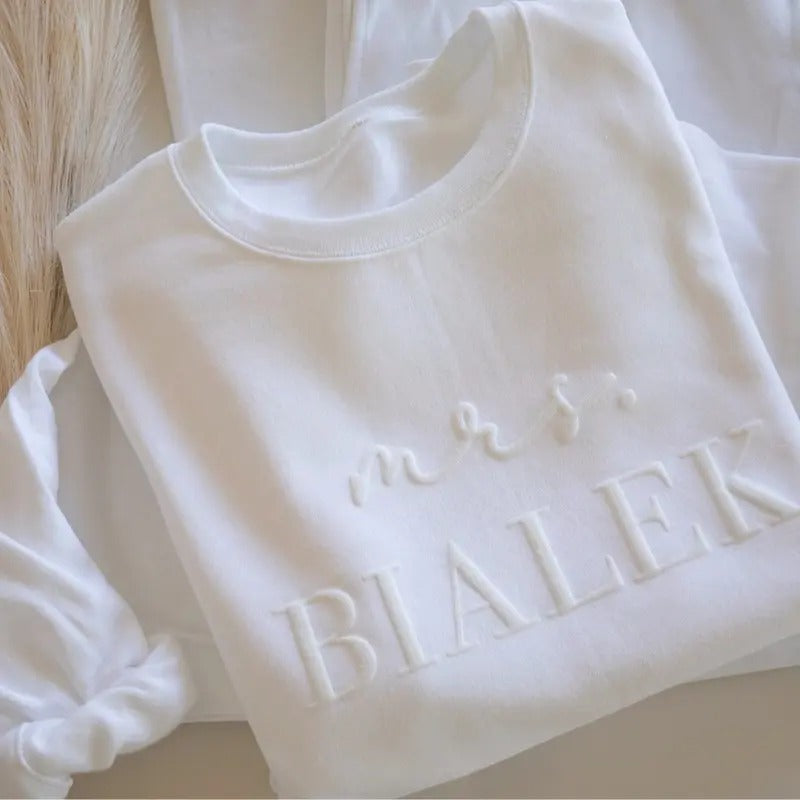 Personalized Mrs Sweatshirt, Custom Wedding Gift, Anniversary Gift for Her, Mrs Neckline Embossed Sweater, Wedding Date...