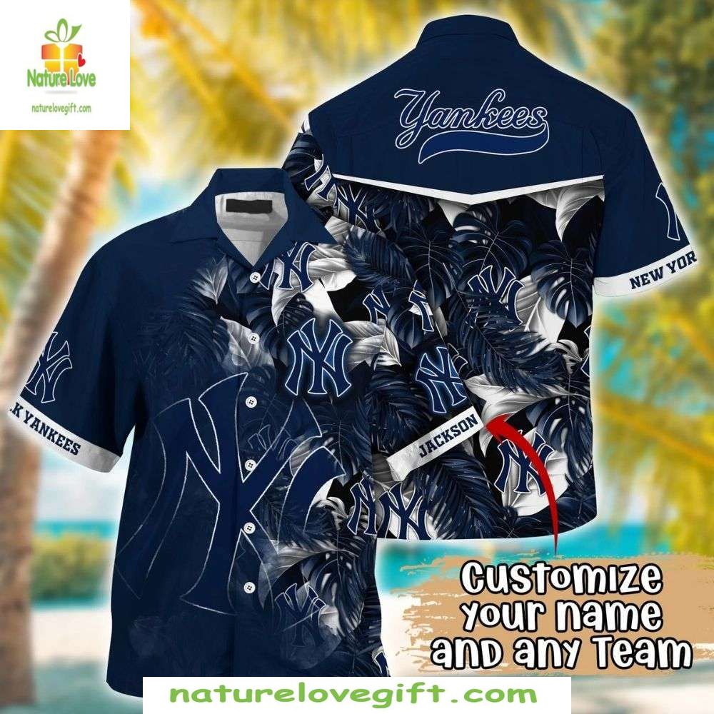NY Yankees Hawaiian Shirt Personalized Navy Leaf Baseball Apparel