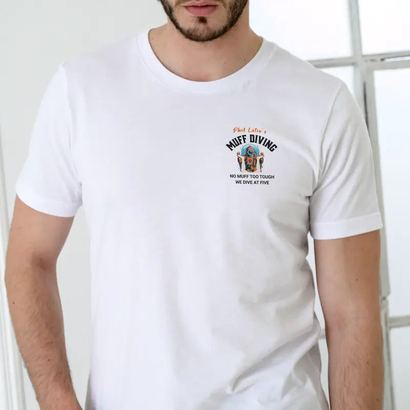 Phil Latio's Muff Diving T-Shirt - White Crewneck with Graphic Text, Casual Style for Men Menswear Top