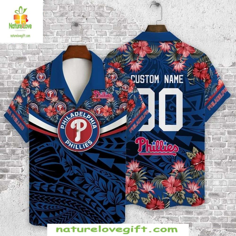 Philadelphia Phillies Hawaiian Shirt Custom Name Number Navy Floral MLB