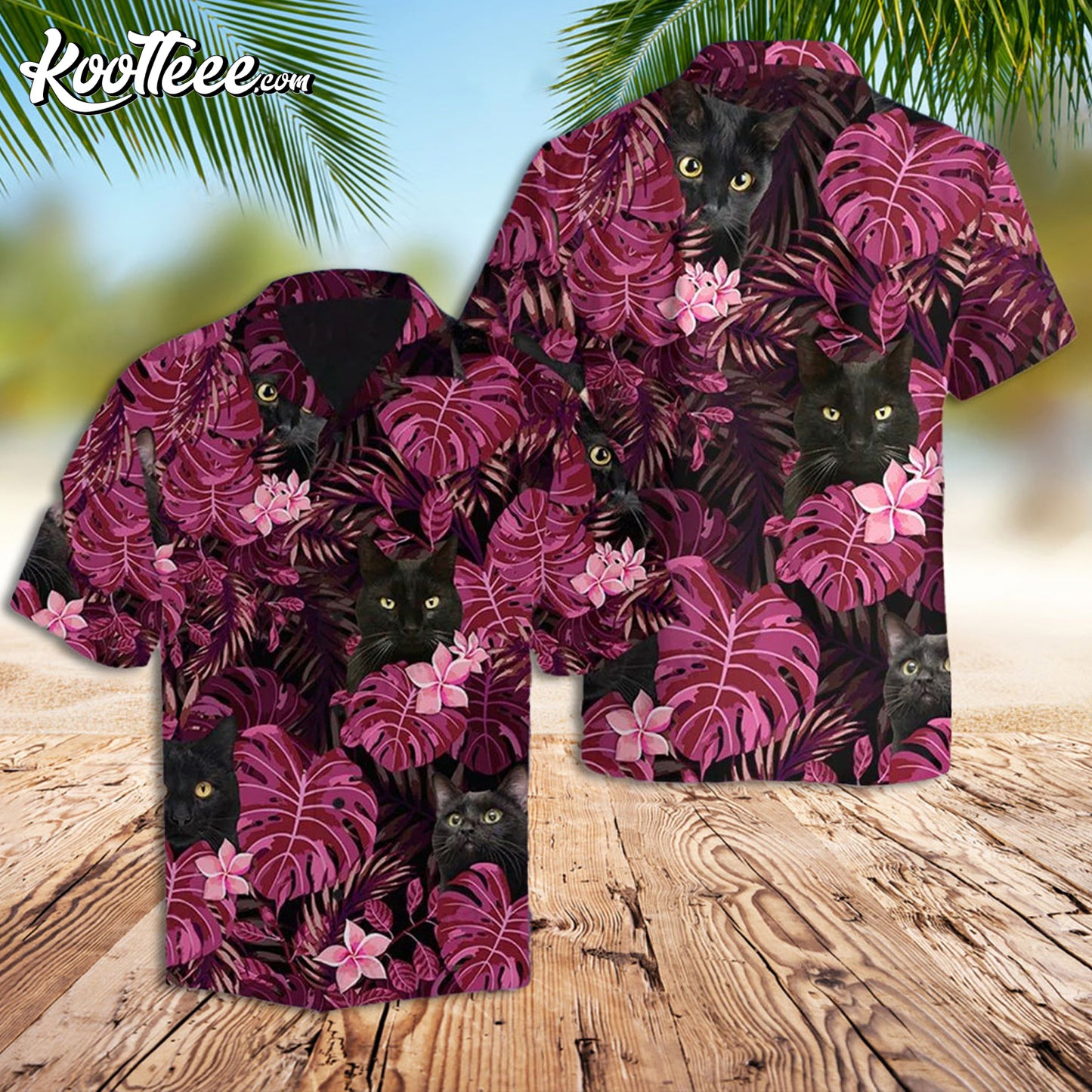 Pink Black Cat Aloha Pink Floral Hawaiian Shirt