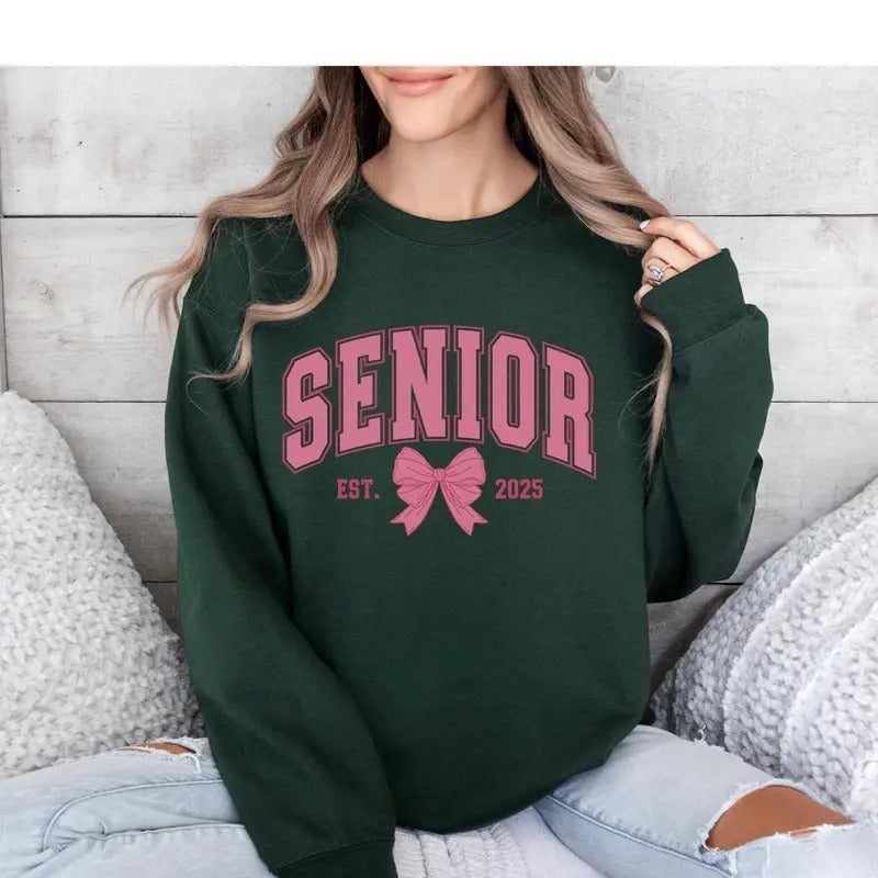 Pink Bow Senior 2025 Sweatshirt, Bow Sweatshirt, Back to School Sweatshirt, Graduate 2025 Shirt Casual Collar Cotton Fabric Knit Womenswear Apparel Bottom Everyday Fit