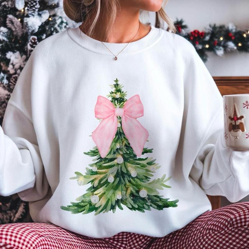 Pink Christmas Bow Sweatshirt, Coquette Christmas Tree Shirt, Coquette Christmas Sweatshirt, Watercolor Holiday Crewneck,...
