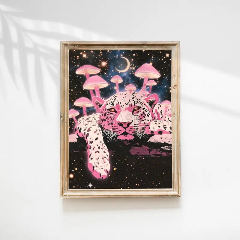 Pink Leopard ( Psychedelic Poster, Glowing Pink Mushrooms, Trippy Wall Art, Retro Art, Animal Art )
