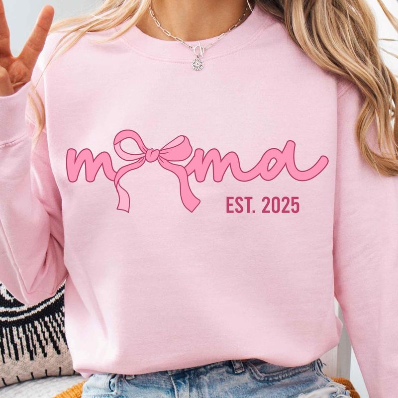 Pink Mama Est 2025 Coquette Shirt, Mama Bow Sweatshirt, Hoodie Casual Cotton
